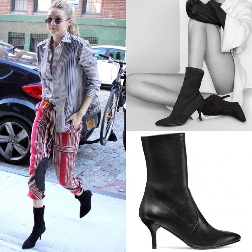 Stuart Weitzman Black Leather Pointed-Toe Sock Ankle Boots
